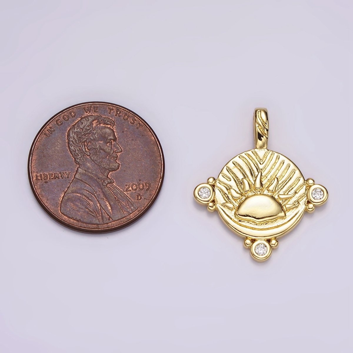 14K Gold Filled Celestial Sea Ocean Sun Rise Set CZ Dotted Round Pendant | AH111