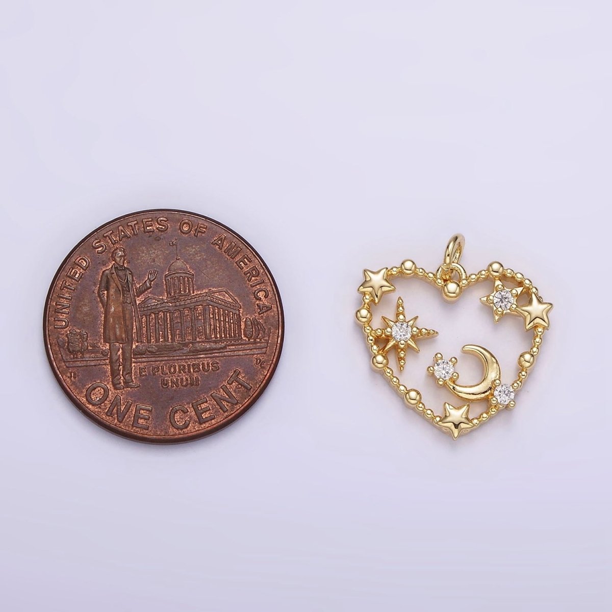14K Gold Filled Celestial Star Crescent Moon CZ Dotted Open Heart Charm | AG419