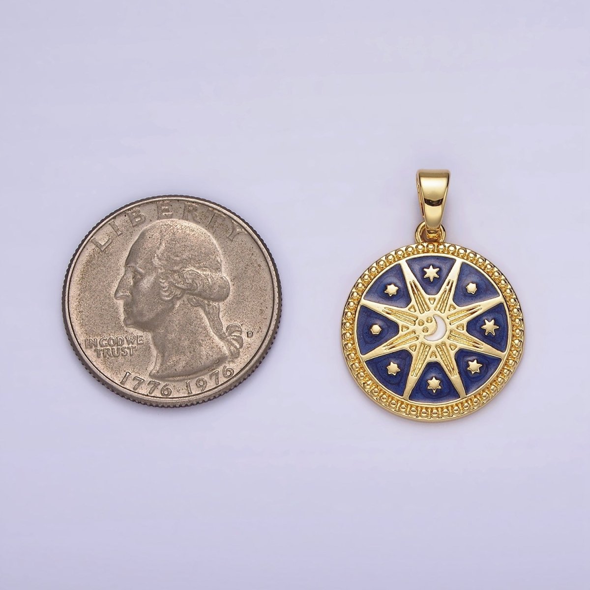 14K Gold Filled Celestial Sun Star Crescent Moon Blue Dotted Outline Round Pendant | AH050