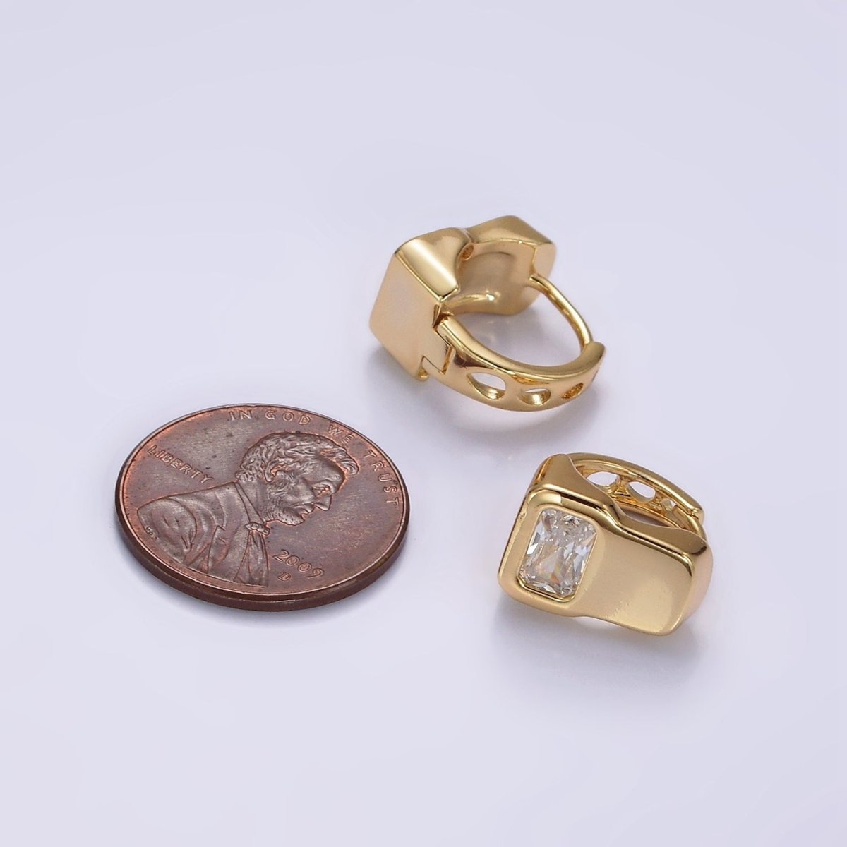 14K Gold Filled Clear Baguette Geometric Wide Rectangular Band Huggie Earrings | AE928