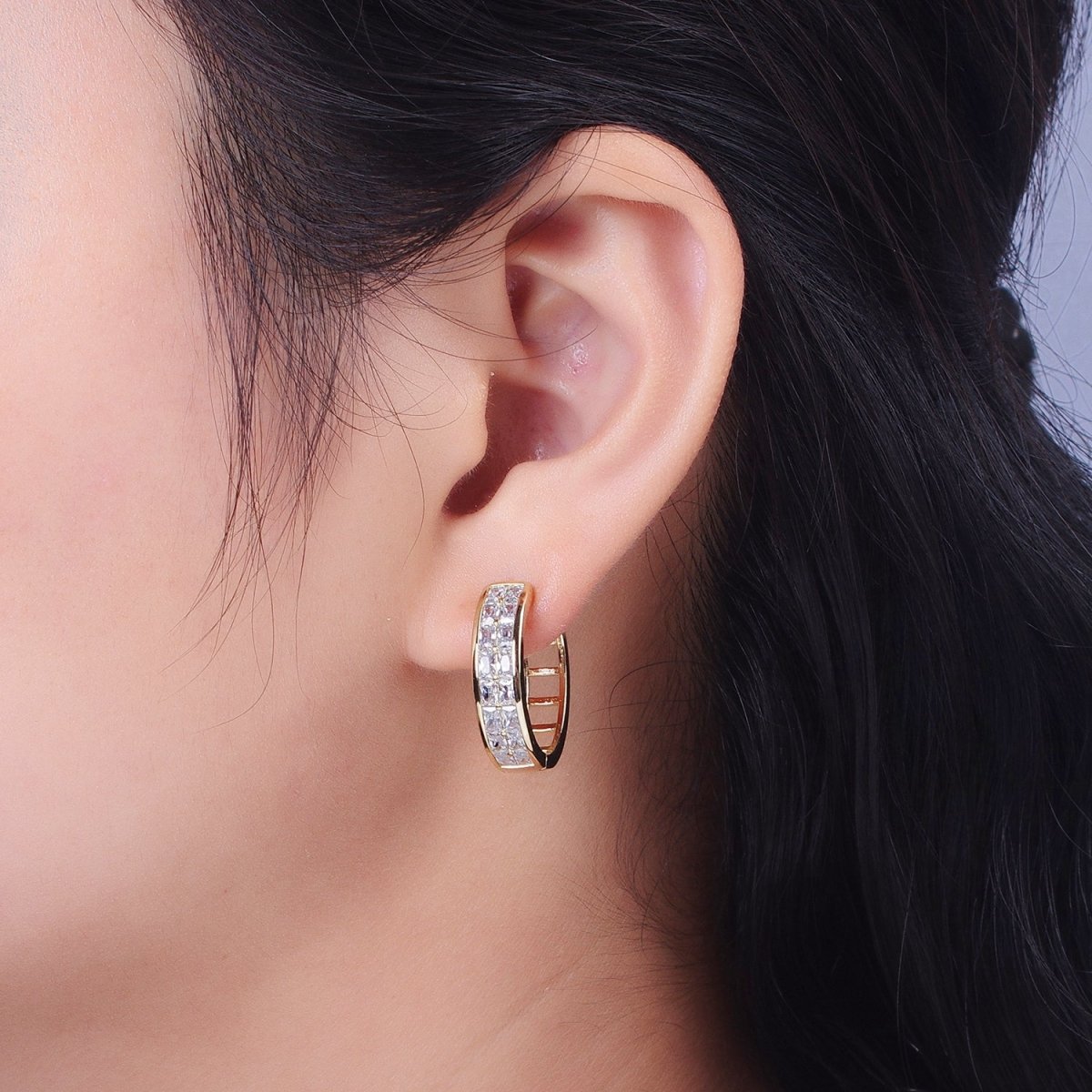 14K Gold Filled Clear Baguette Lined 22mm, 15mm Huggie Hoop Earrings | V-023 V-028