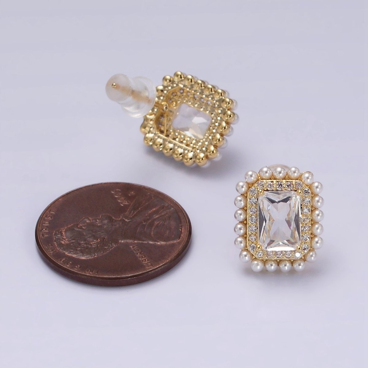 14K Gold Filled Clear Baguette Micro Paved CZ Pearl Lined Stud Earrings | V282
