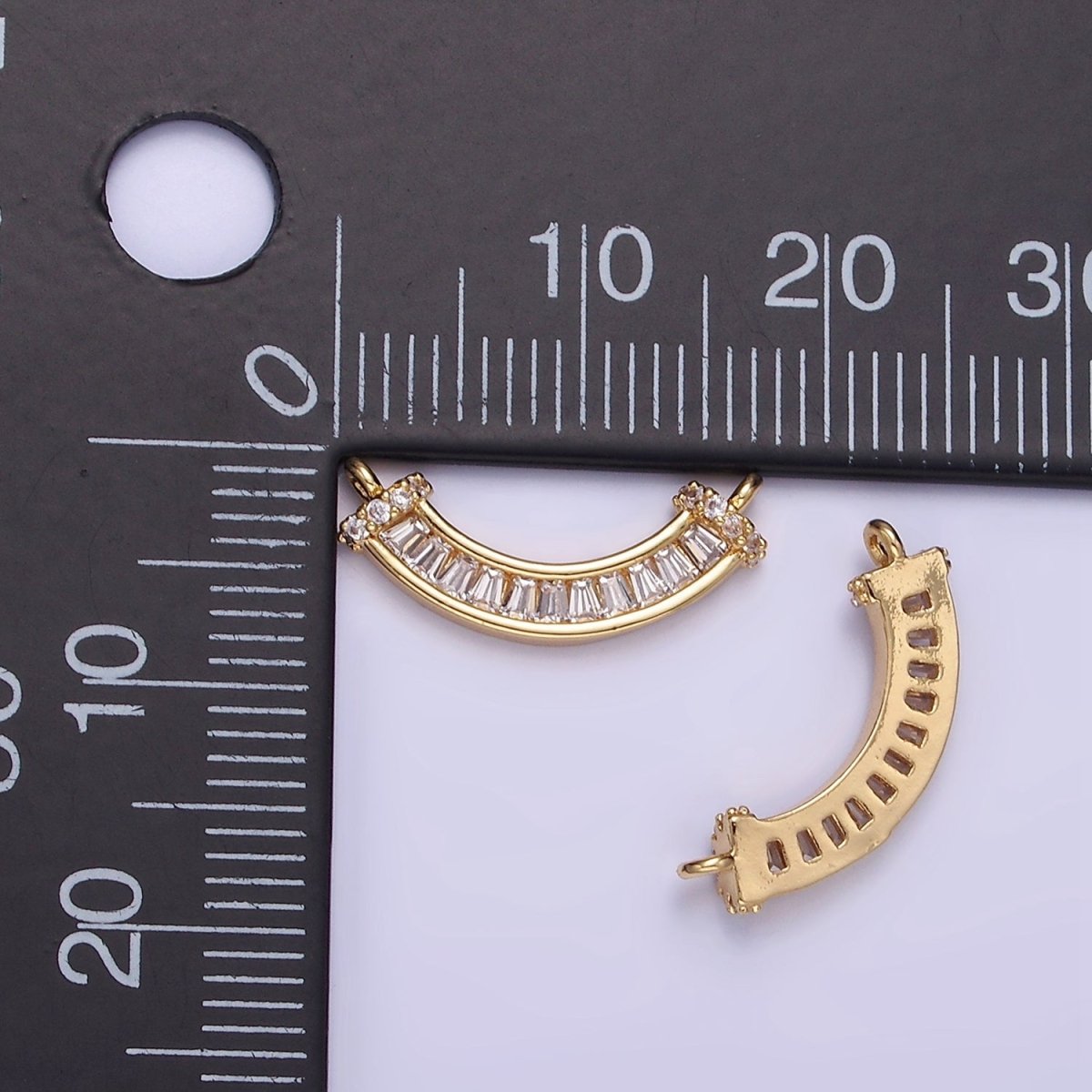 14K Gold Filled Clear CZ Baguette Micro Paved Curved Connector | G280
