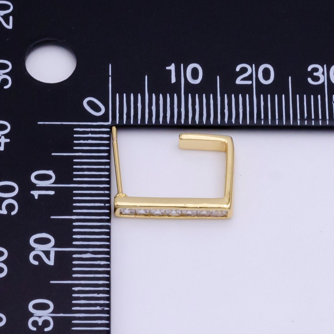 14K Gold Filled Clear CZ Baguette Square Lined J-Shaped Hoop Earrings | AE196