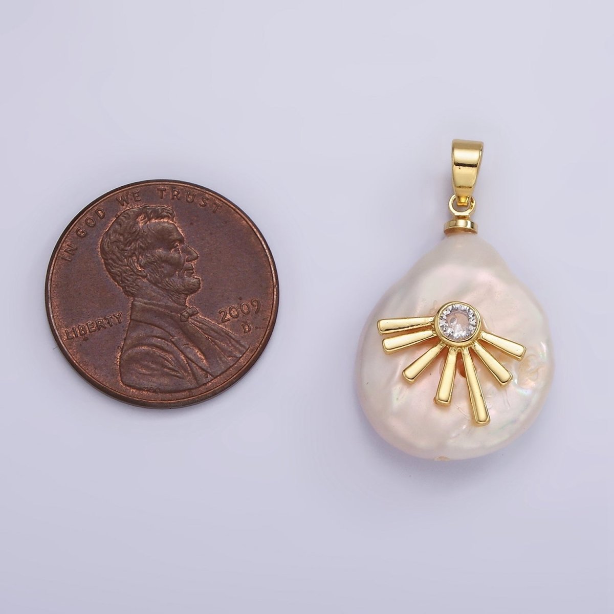 14K Gold Filled Clear CZ Celestial Sun Ray Keshi Freshwater Pearl Pendant | P1666