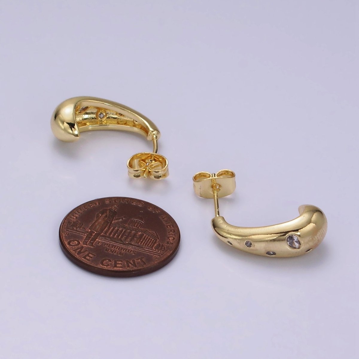 14K Gold Filled Clear CZ Dotted Teardrop Drip J-Shaped Hoop Earrings | V454