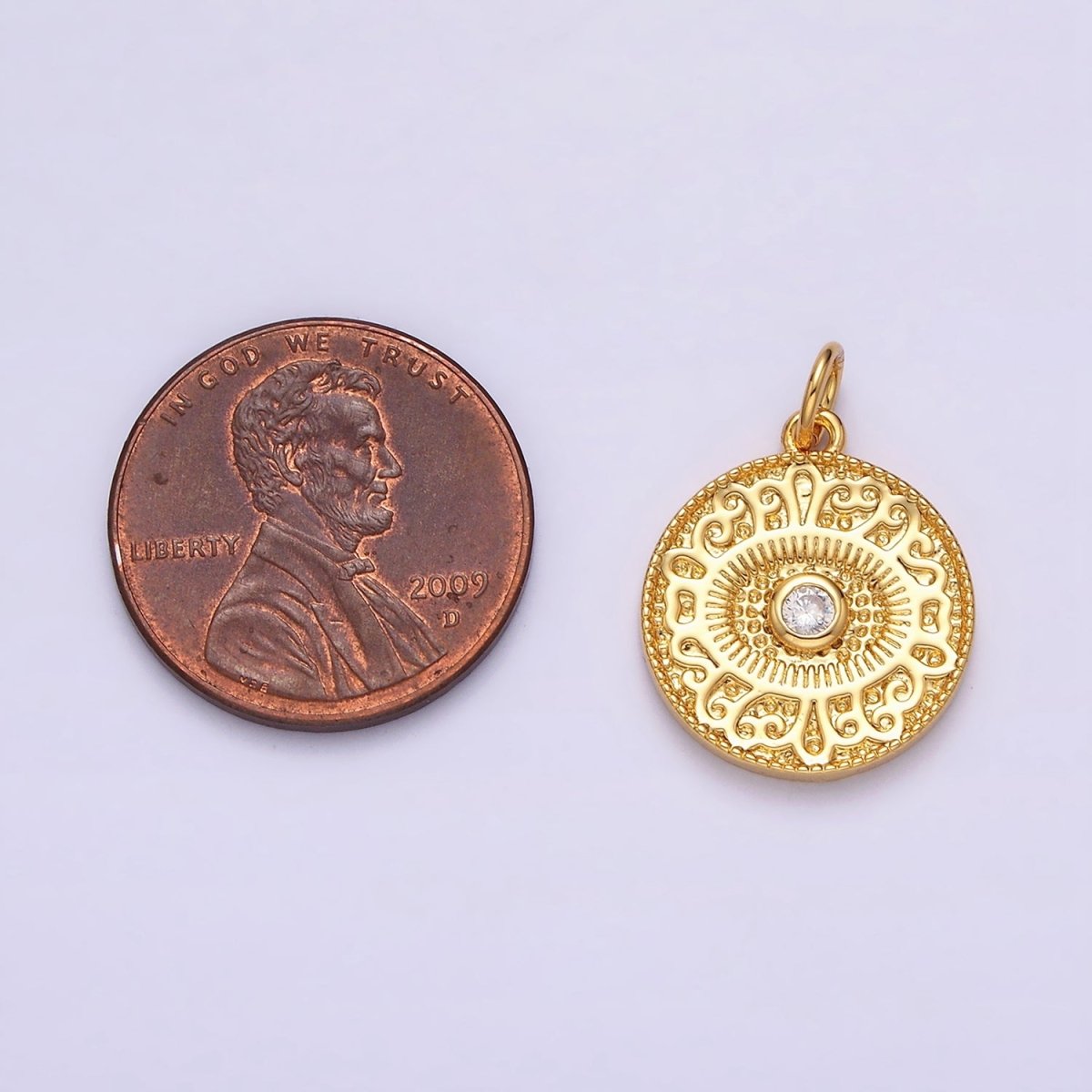 14K Gold Filled Clear CZ Evil Eye Artisan Textured Round Charm | AC1299