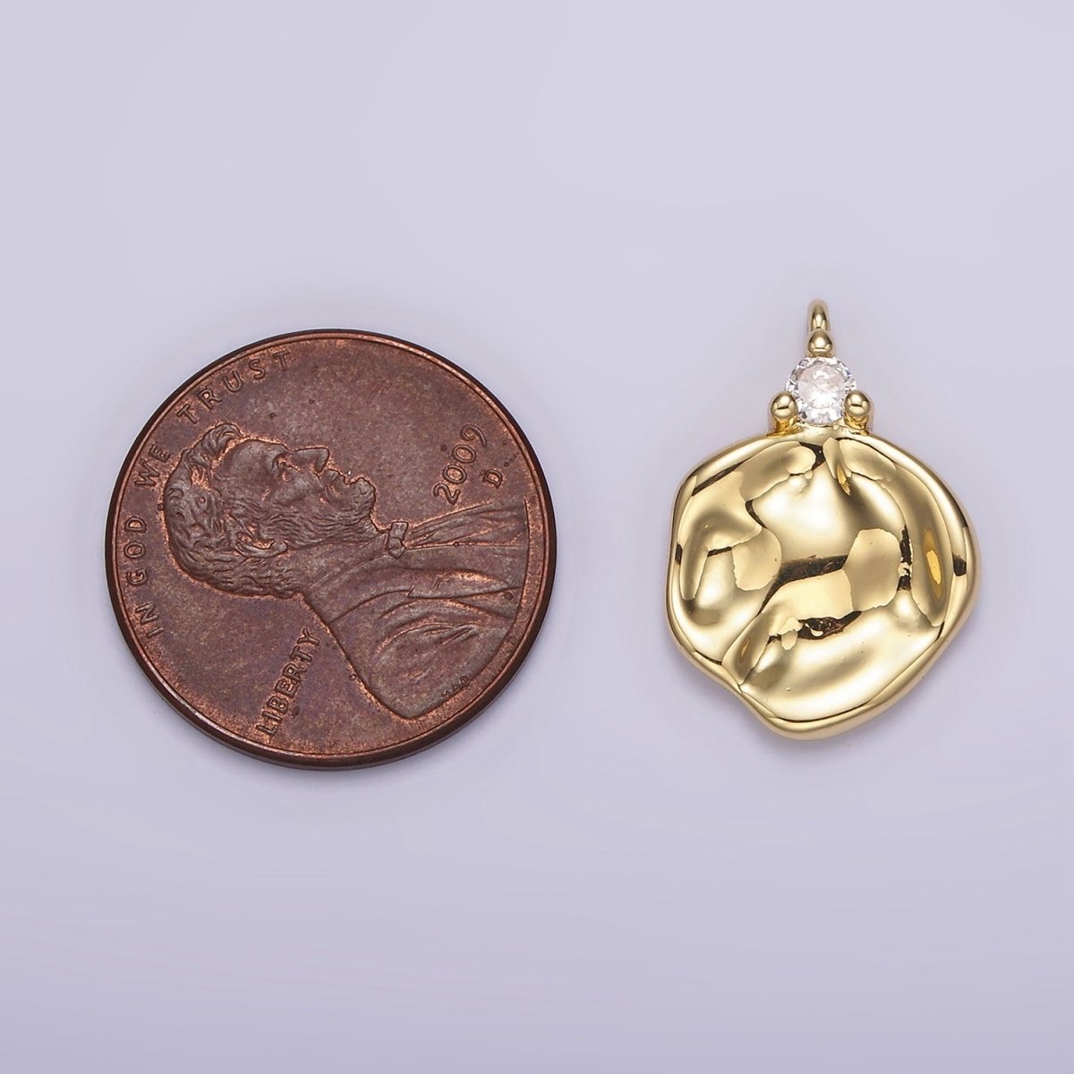 14K Gold Filled Clear CZ Hammered Round Charm | AC931