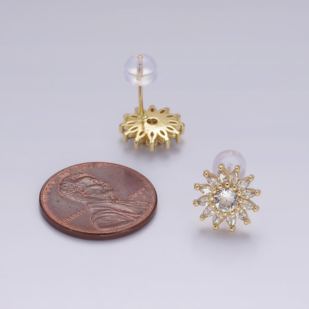 14K Gold Filled Clear CZ Marquise Petal Flower Celestial Sun Stud Earrings | AE887