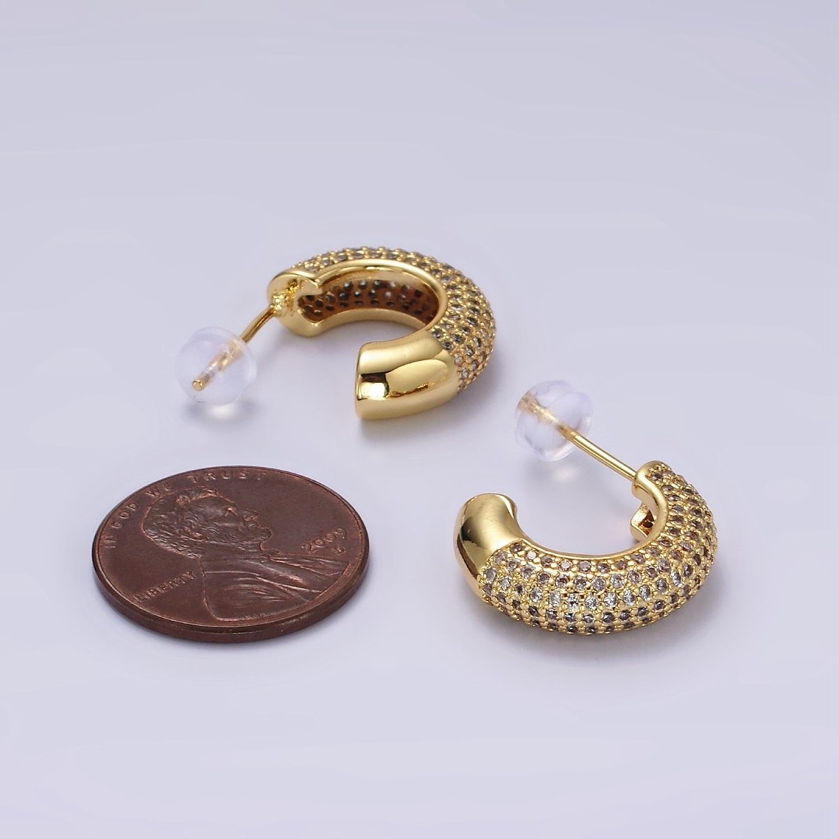 14K Gold Filled Clear CZ Micro Paved C-Shaped Hoop Earrings | V087