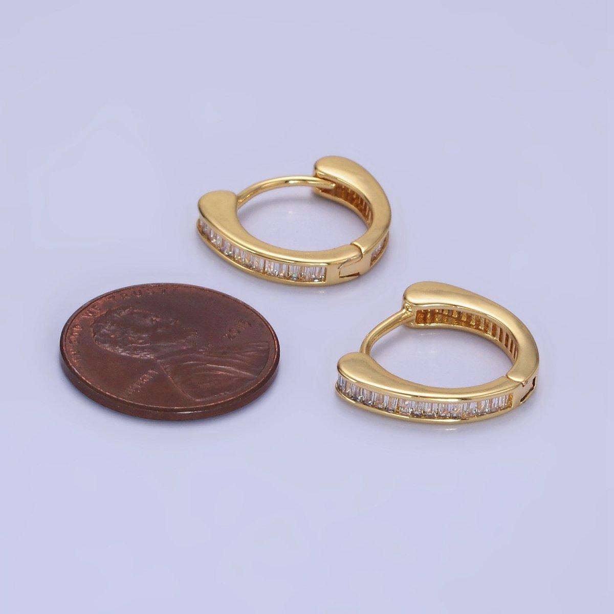 14K Gold Filled Clear CZ Mini Baguette Lined Huggie Earrings | AB1259