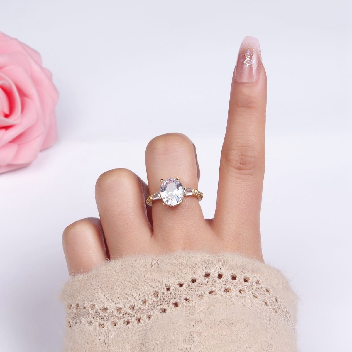 14K Gold Filled Clear CZ Oval Baguette Micro Paved Solitaire Ring | O1326