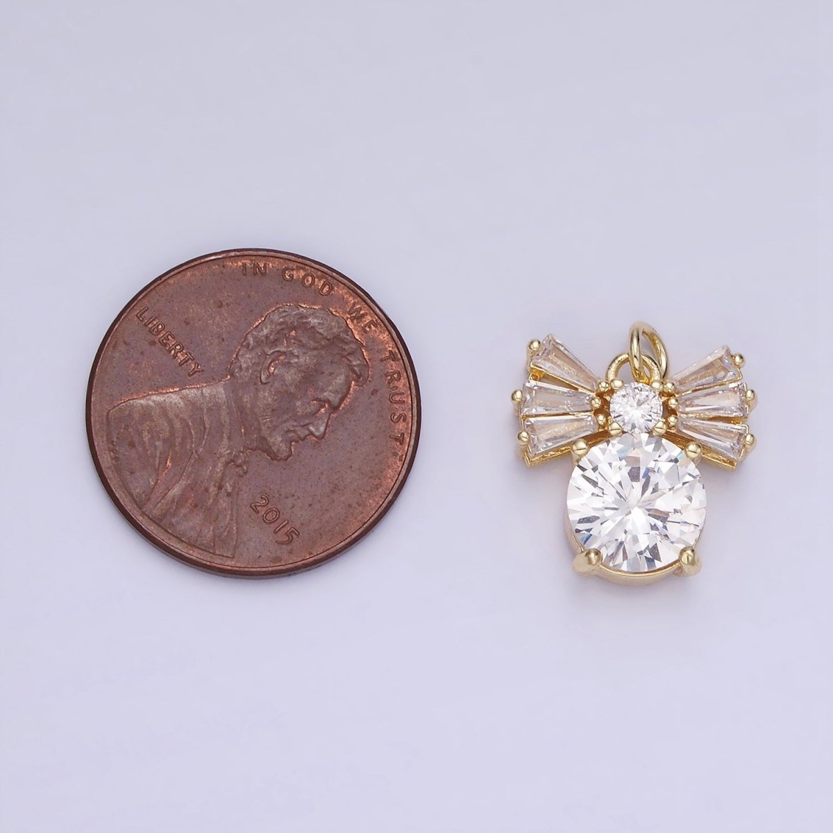 14K Gold Filled Clear CZ Round Baguette Ribbon Bow Charm | AG729