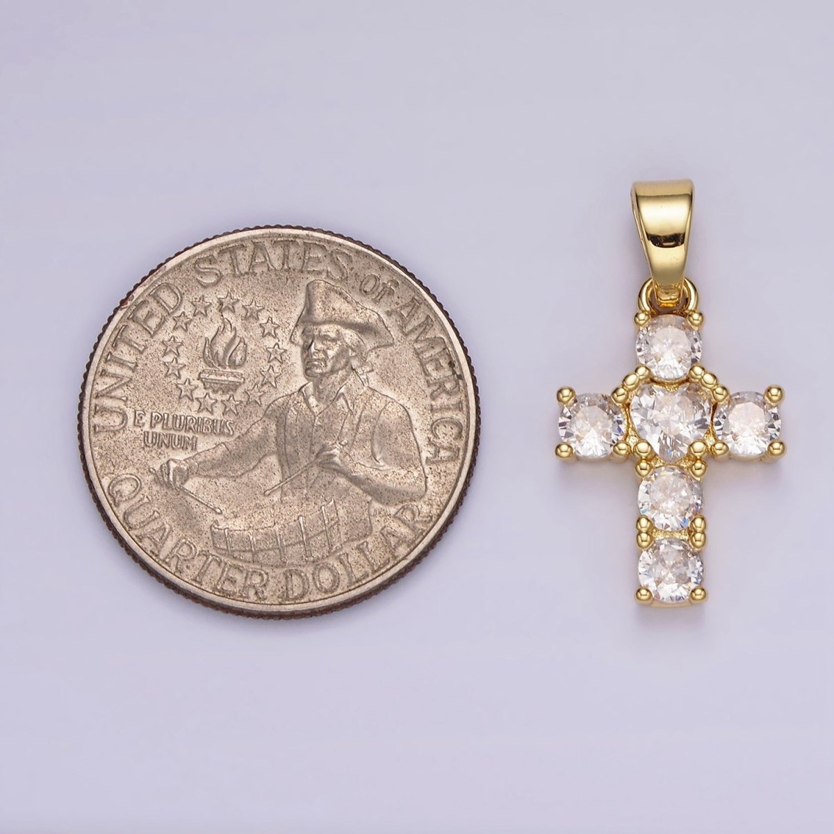 14K Gold Filled Clear CZ Square Lined 27mm Beaded Cross Pendant | N1286