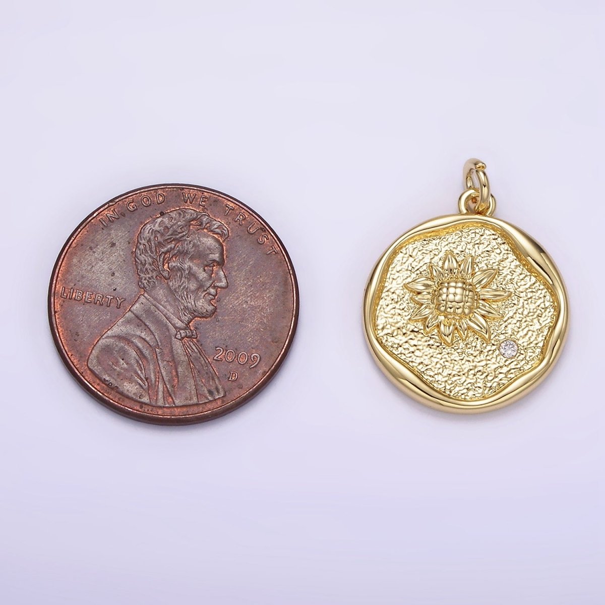14K Gold Filled Clear CZ Sunflower Hammered Stamped Round Charm | AG261