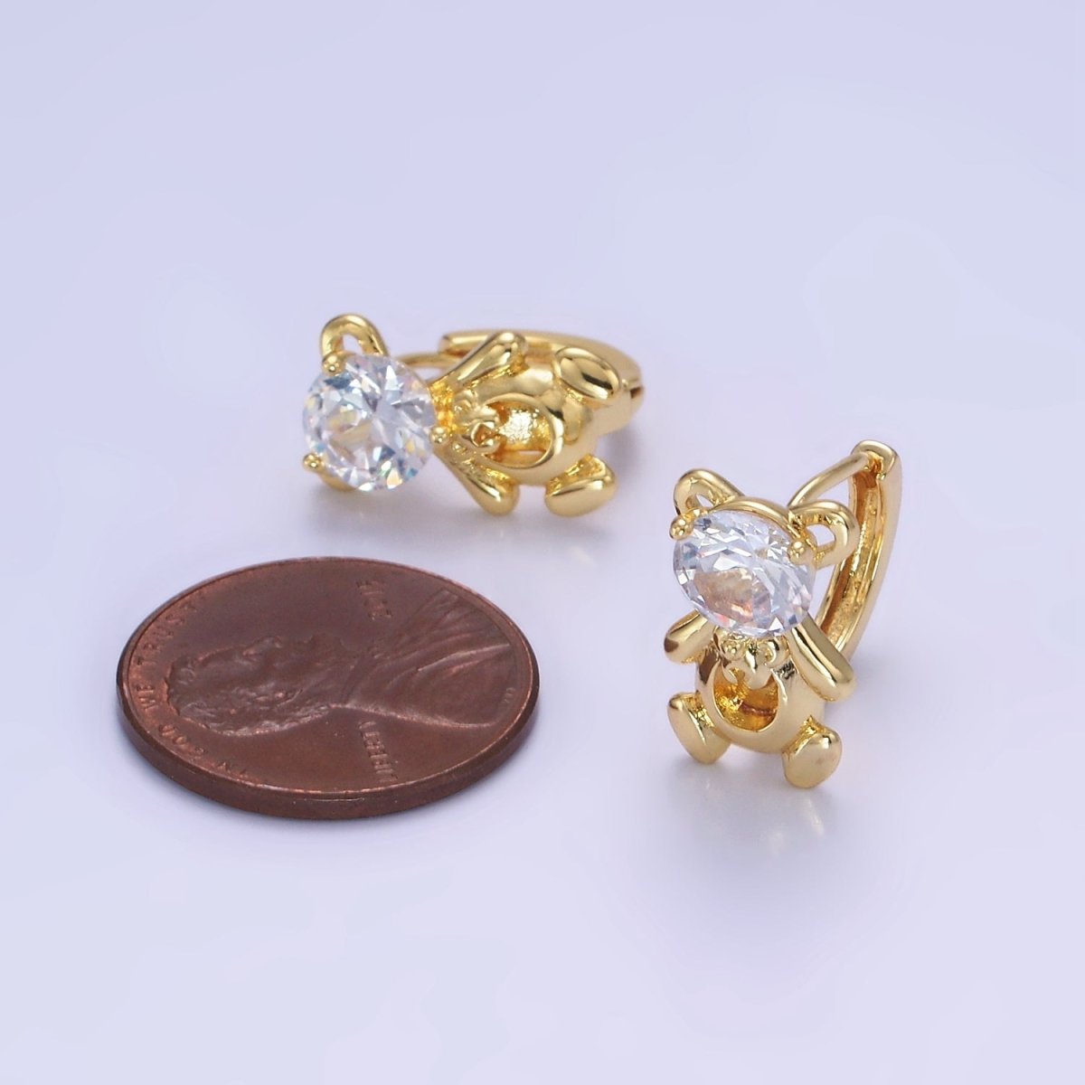14K Gold Filled Clear CZ Teddy Bear Animal Huggie Earrings | AB1254