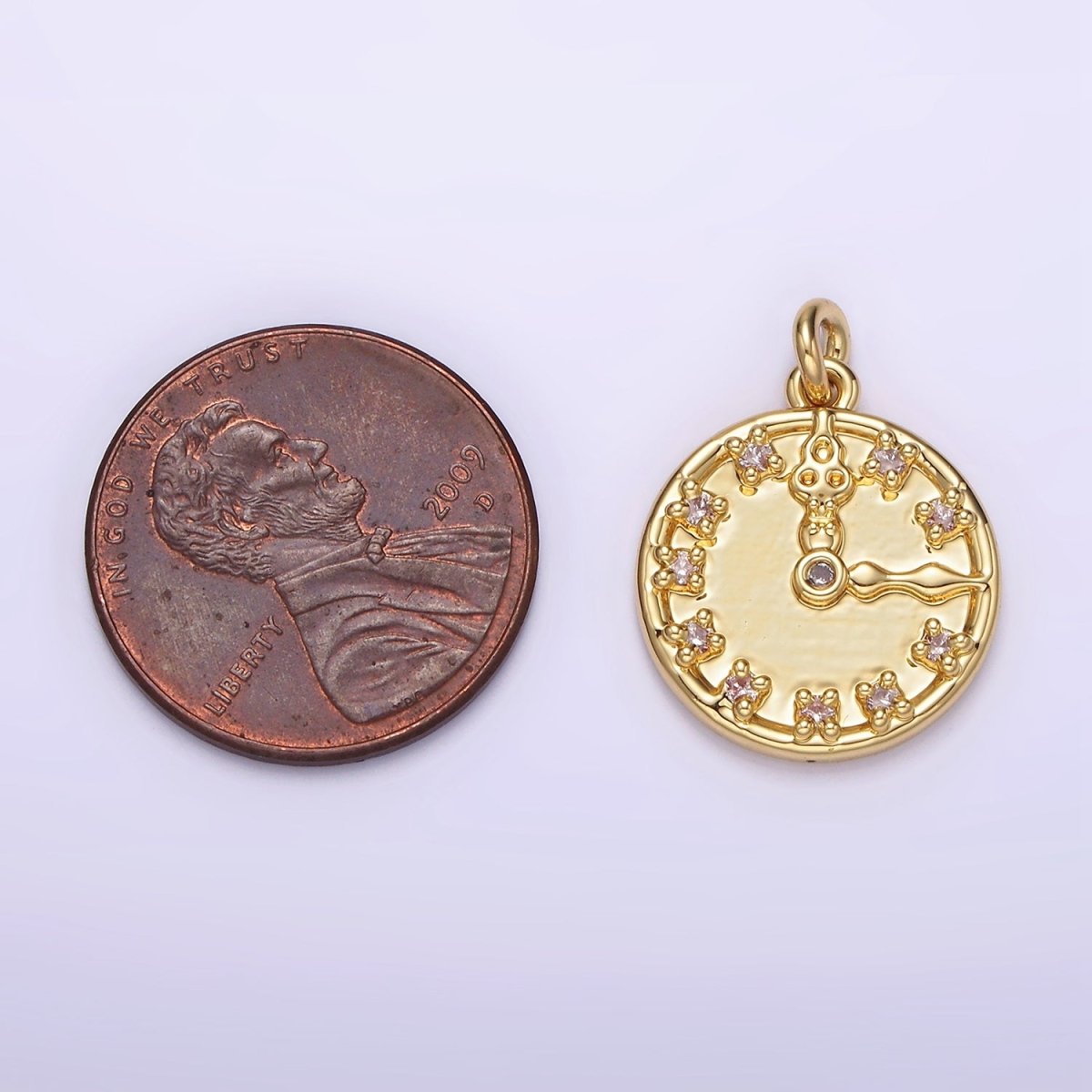 14K Gold Filled Clear CZ Time Clock Round Charm | AG264