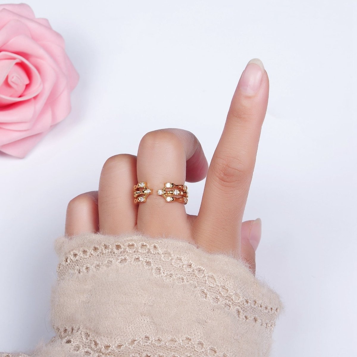 14K Gold Filled Clear CZ Triple Bamboo Band Ring | O1085