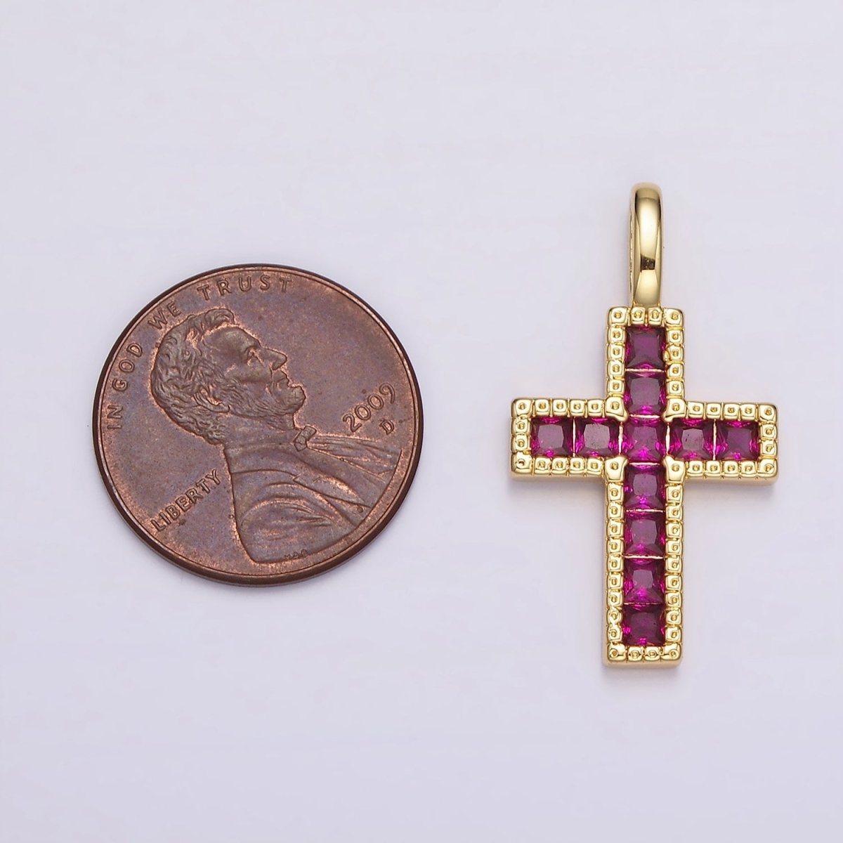 14K Gold Filled Clear, Fuchsia, Green, Blue, Multicolor Square CZ Latin Cross Pendant | AH098 - AH102