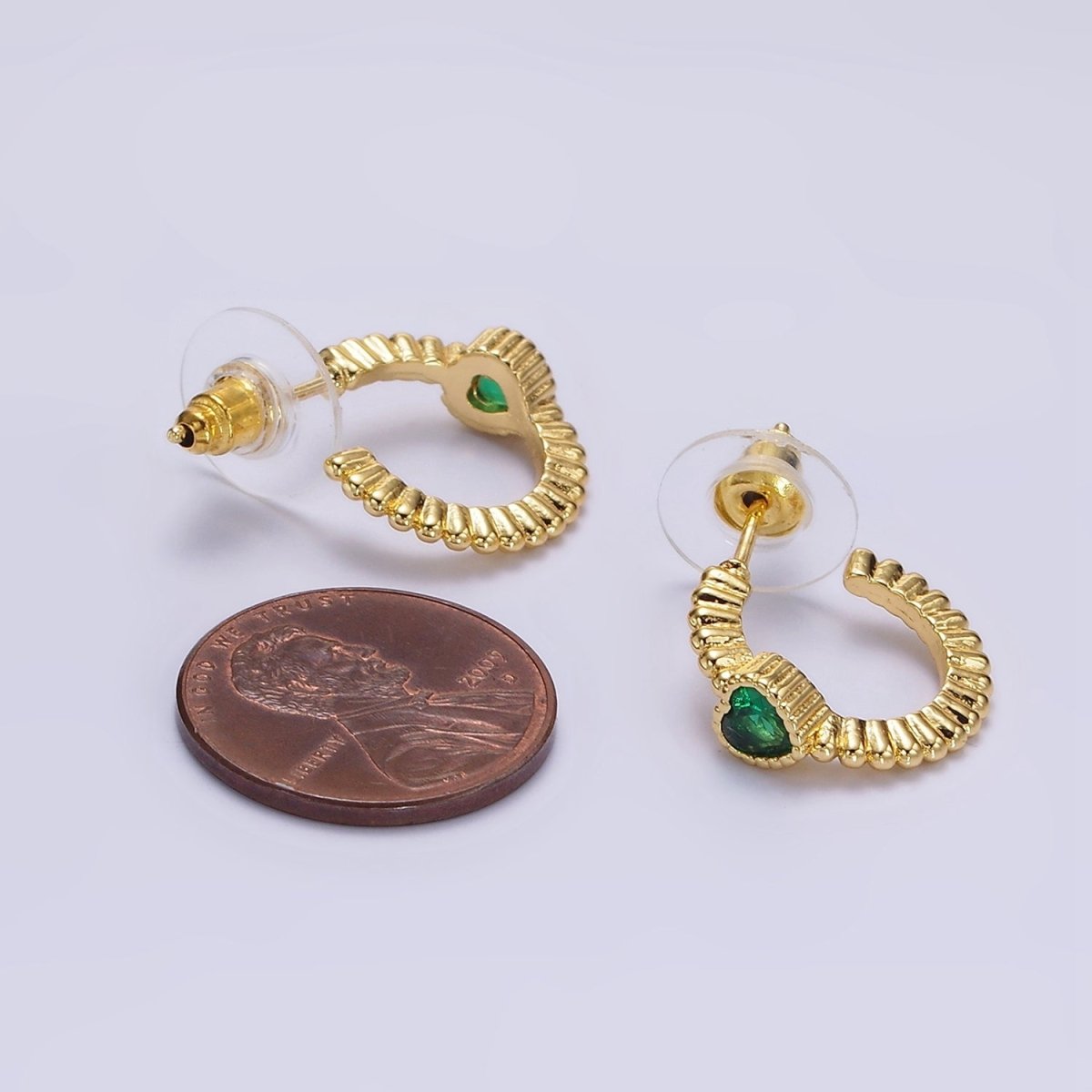 14K Gold Filled Clear, Fuchsia, Green Heart CZ Beaded 16mm C-Shaped Hoop Earrings | AE882 - AE884
