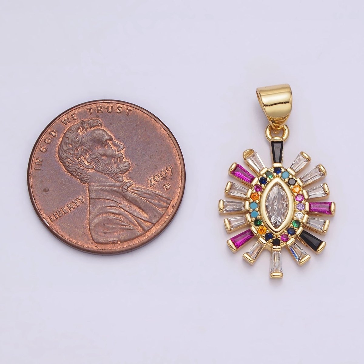 14K Gold Filled Clear Marquise Multicolor Micro Paved CZ Baguette Outline Pendant | AA612