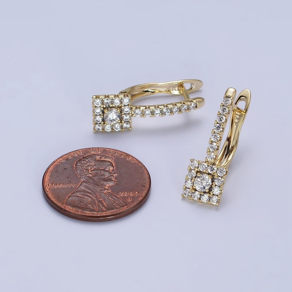 14K Gold Filled Clear Micro Paved CZ Square English Lock Earrings | AB316