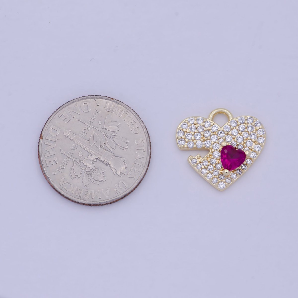 14K Gold Filled Clear Micro Paved Fuchsia CZ Heart Valentine Charm E-778