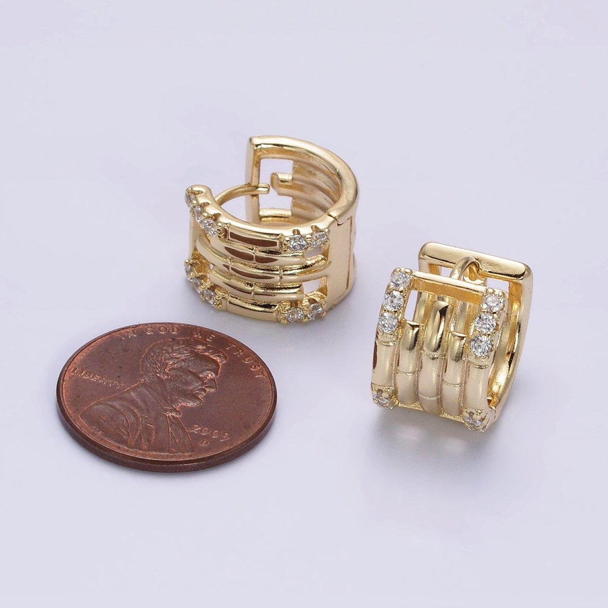 14K Gold Filled Clear Micro Paved Lined Multiple Band Bamboo Wide 14mm Huggie Earrings | AE549