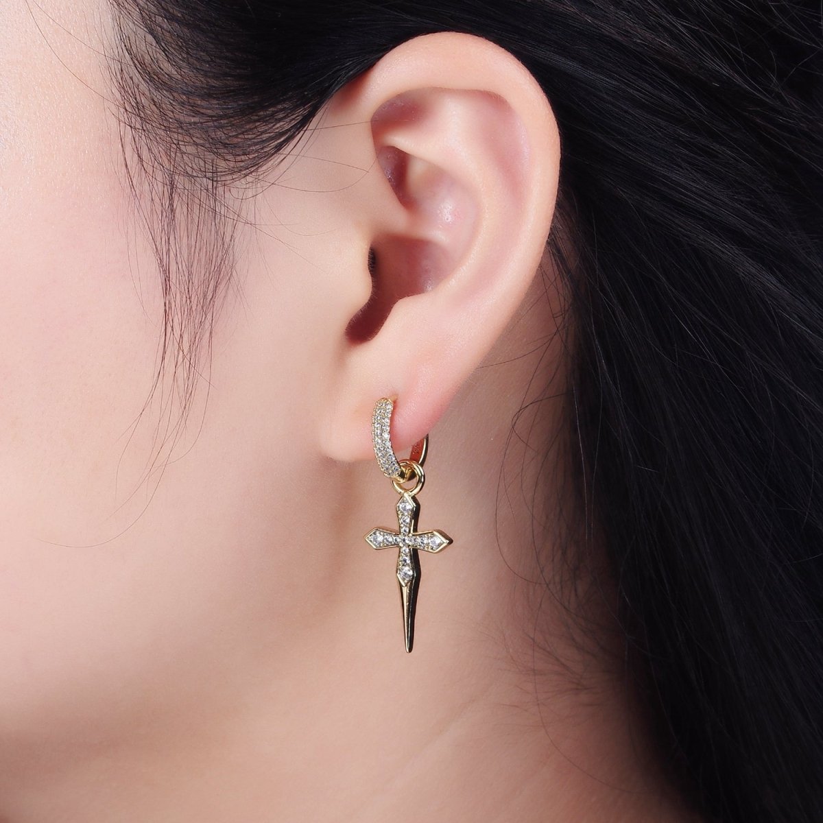 14K Gold Filled Clear Micro Paved Passion Cross Drop Huggie Earrings | AE927