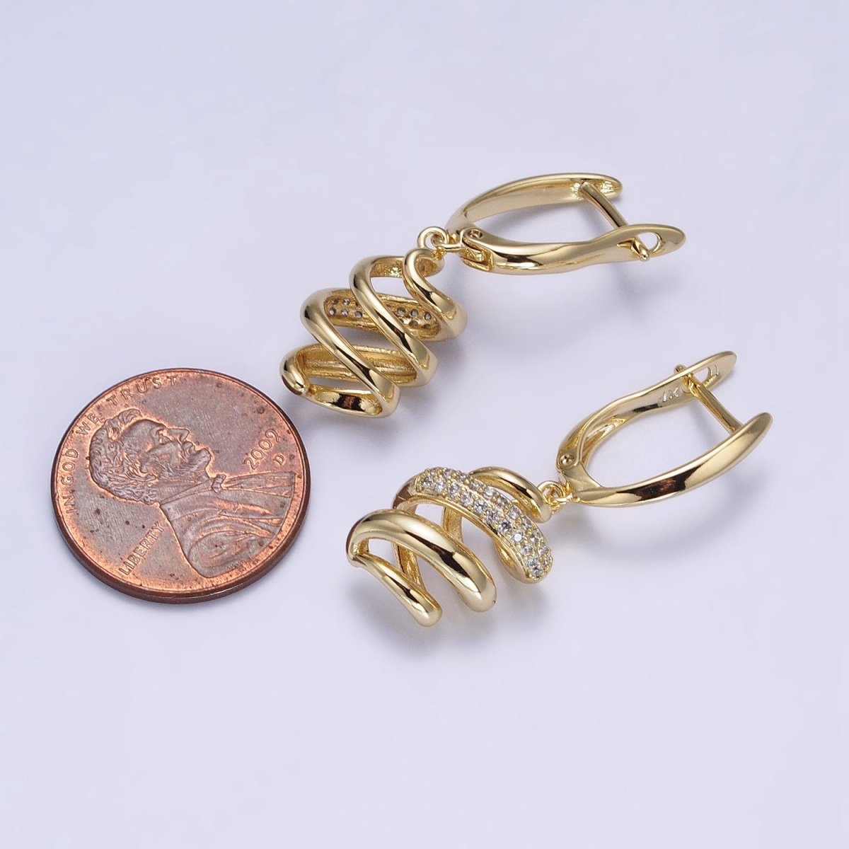 14K Gold Filled Clear Micro Paved Twisted Spiral Coil Dangle Drop English Lock Earrings | AB314