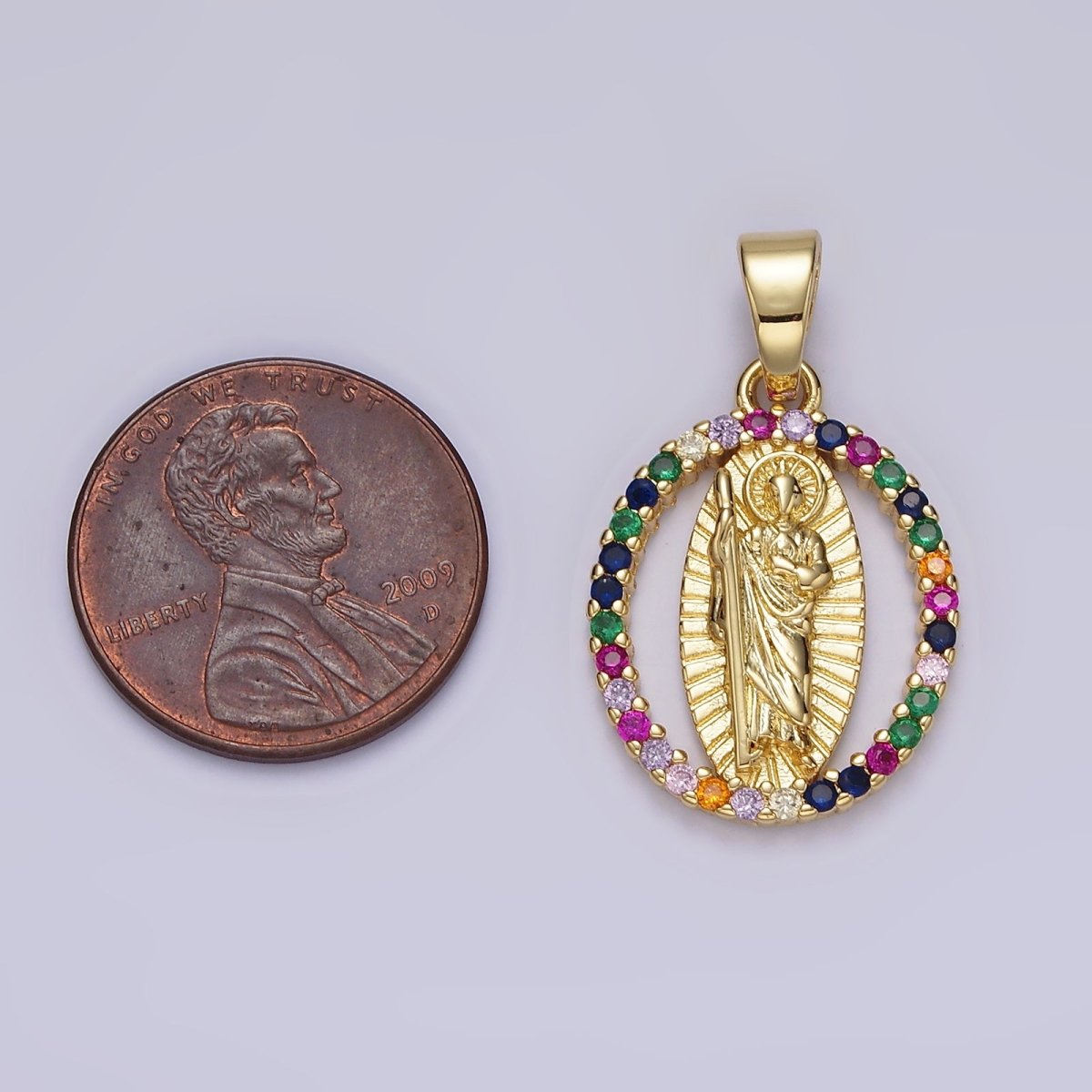 14K Gold Filled Clear, Multicolor CZ Saint Jude Sunburst Open Oval Pendant | N1309 N1310