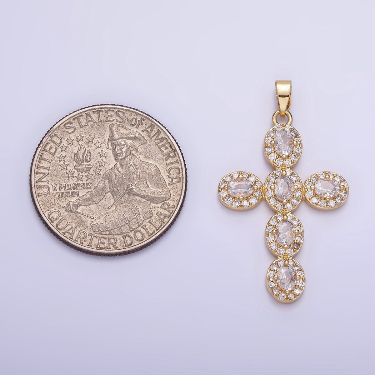 14K Gold Filled Clear, Multicolor Micro Paved Oval Cross Pendant in Gold & Silver | AA1166 AA1167
