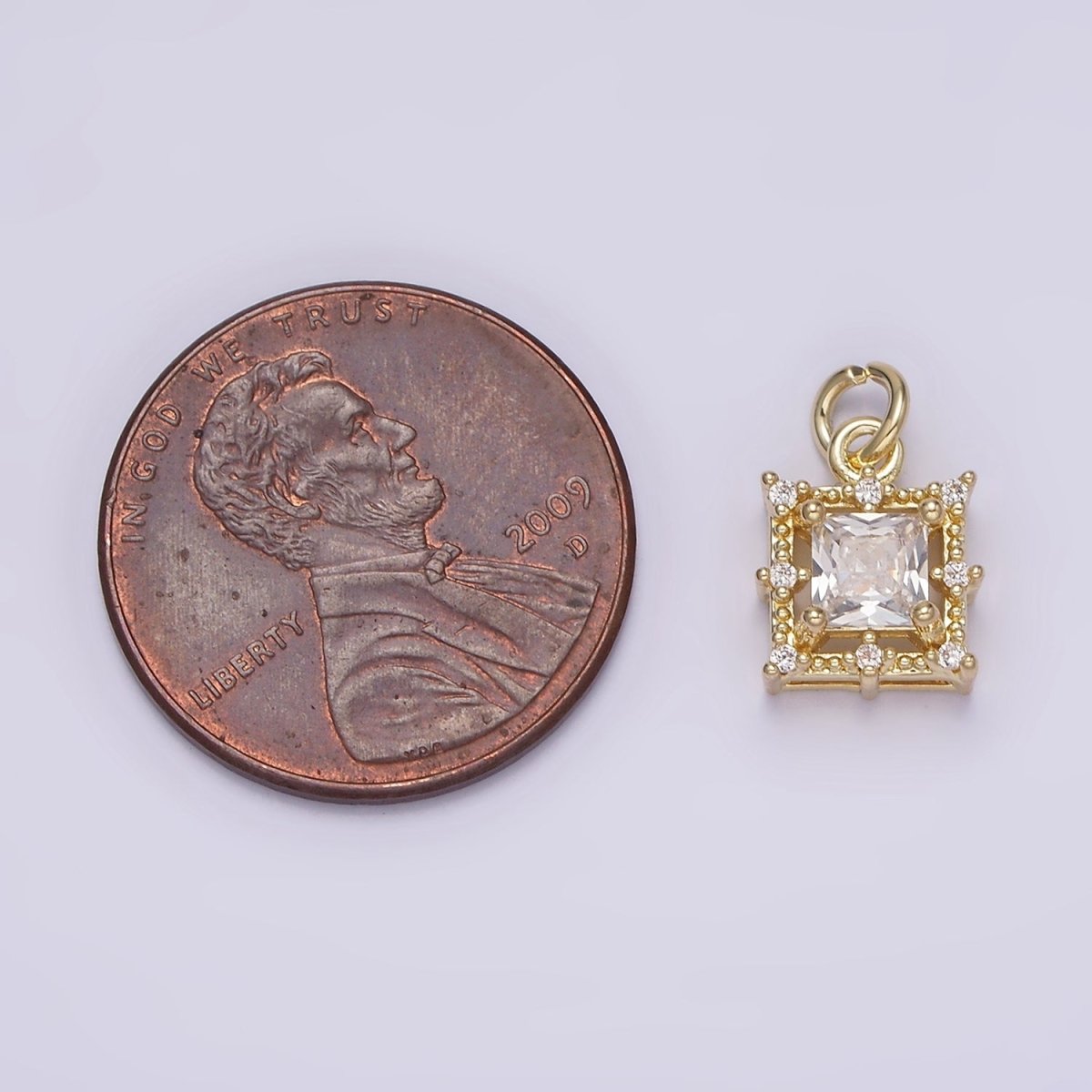 14K Gold Filled Clear Square Baguette CZ Beaded Outline Frame Charm | AG194