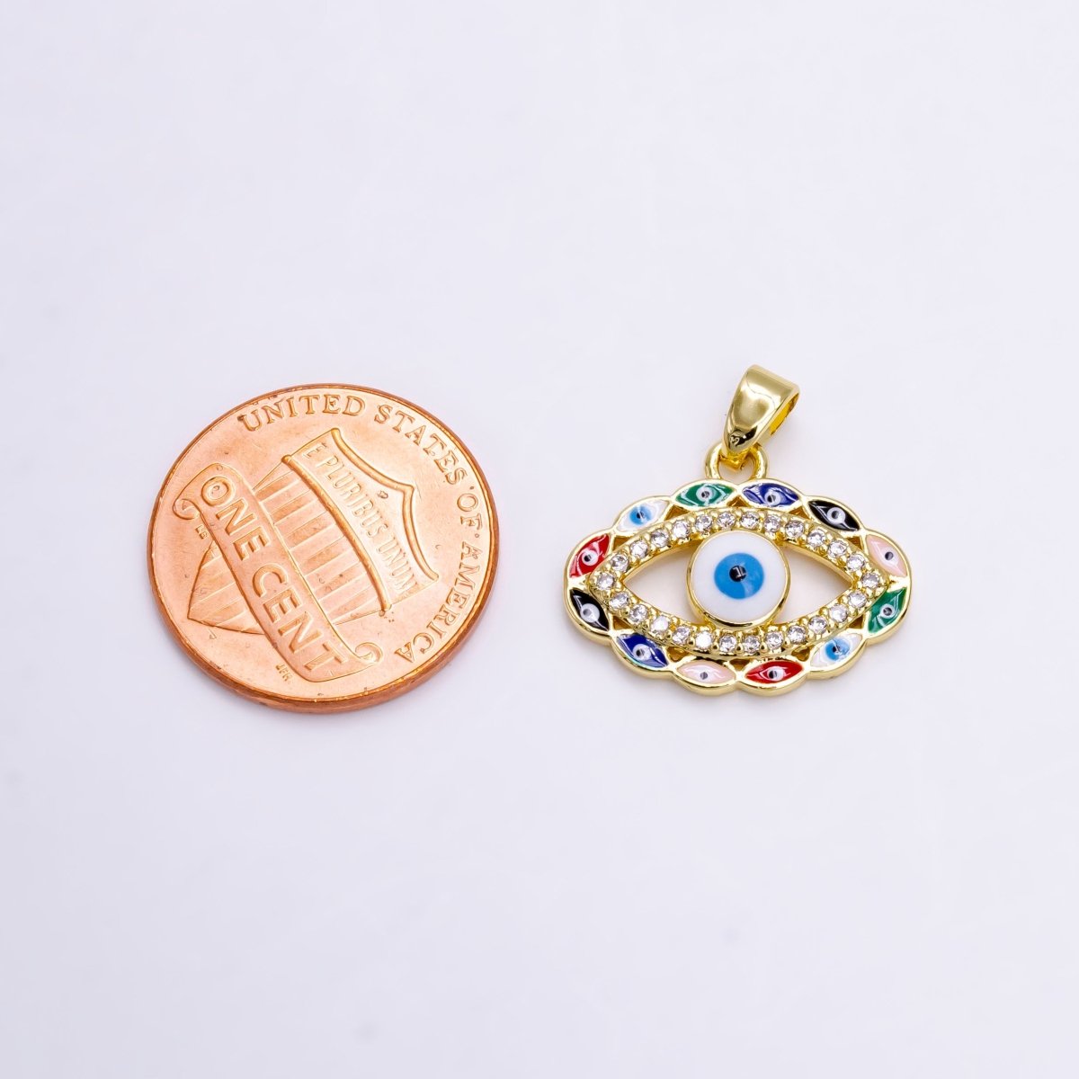 14K Gold Filled Colorful Multi Evil Eye Micro Paved CZ Enamel Lined Open Pendant | N1464