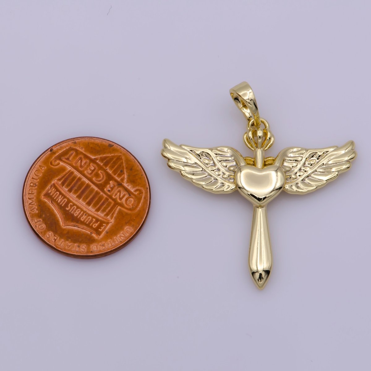 14k Gold Filled Cross with Wing Pendant Heart Center for Necklace Bracelet Earring Component N-1335