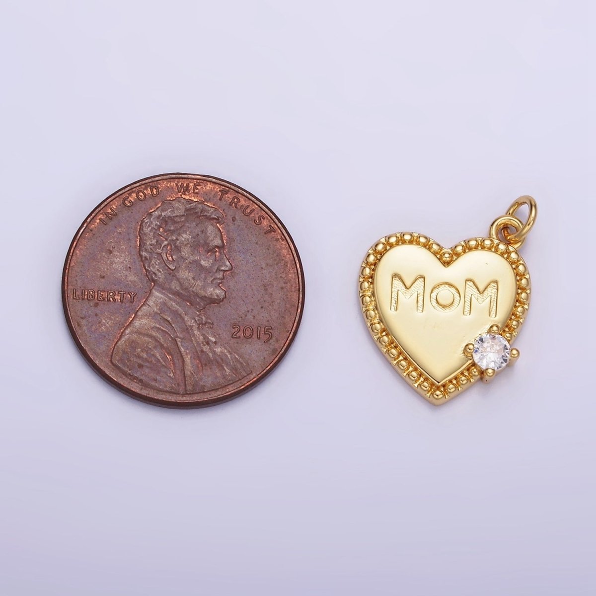 14K Gold Filled CZ "MOM" Script Beaded Bezel Charm | W525