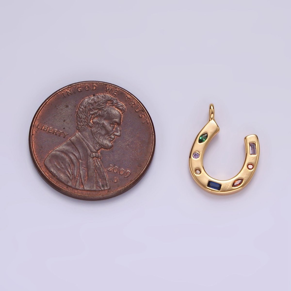 14K Gold Filled CZ Multicolor Dotted Lucky Horseshoe Charm | AC-819