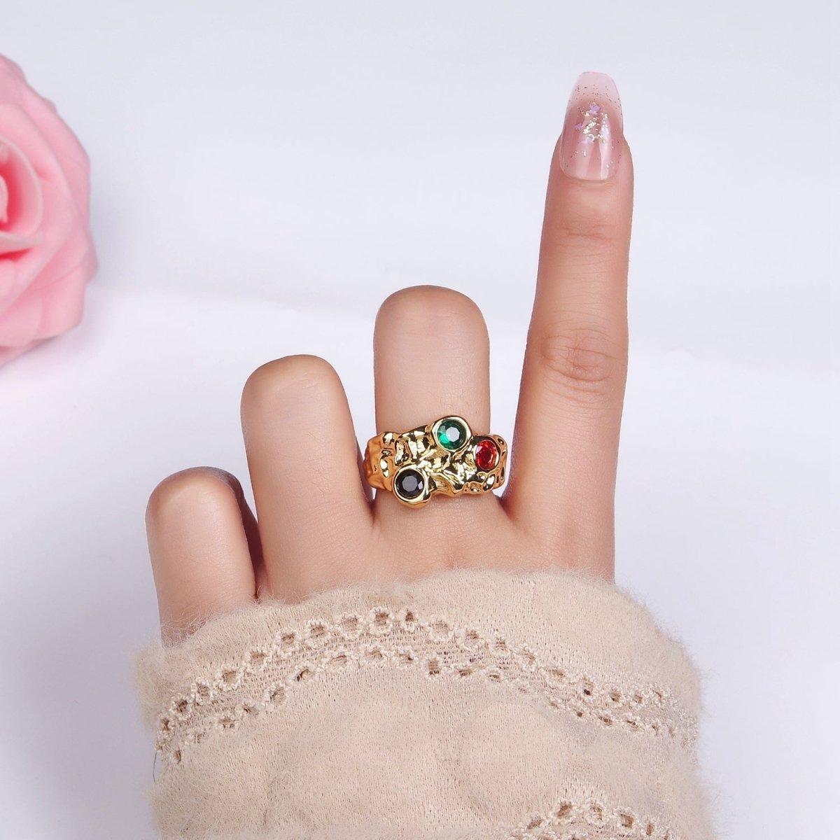 14K Gold Filled CZ Multicolor Molten Hammered Ring in Gold & Silver | O1333 O1334