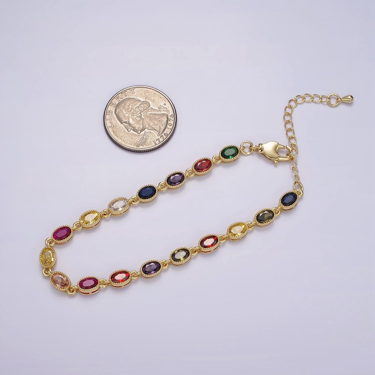 14K Gold Filled CZ Multicolor Oval Bezel 7 Inch Bracelet in Gold & Silver | WA-2234 WA-2235