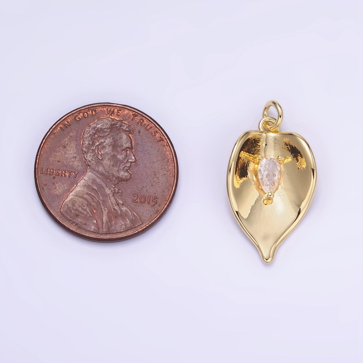 14K Gold Filled CZ Teardrop Curved Leaf Plant Charm | W552