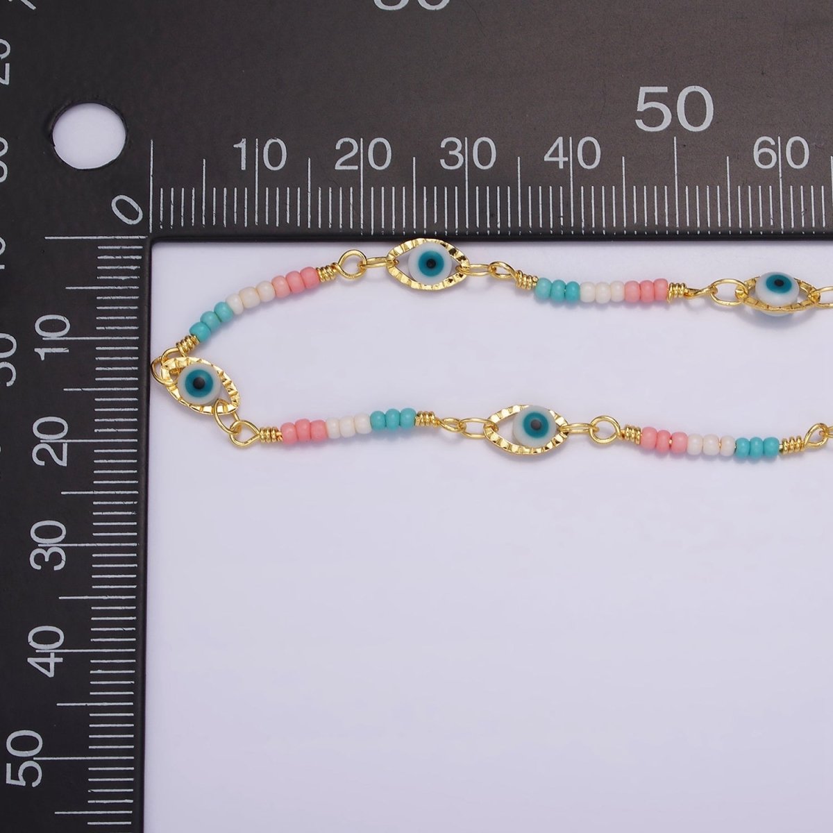 14K Gold Filled Dainty Evil Eye Chain Marque Shape Bead Enamel Chain by Yard Colorful Beaded Unfinished Chain | ROLL-1417 ROLL-1418 Clearance Pricing