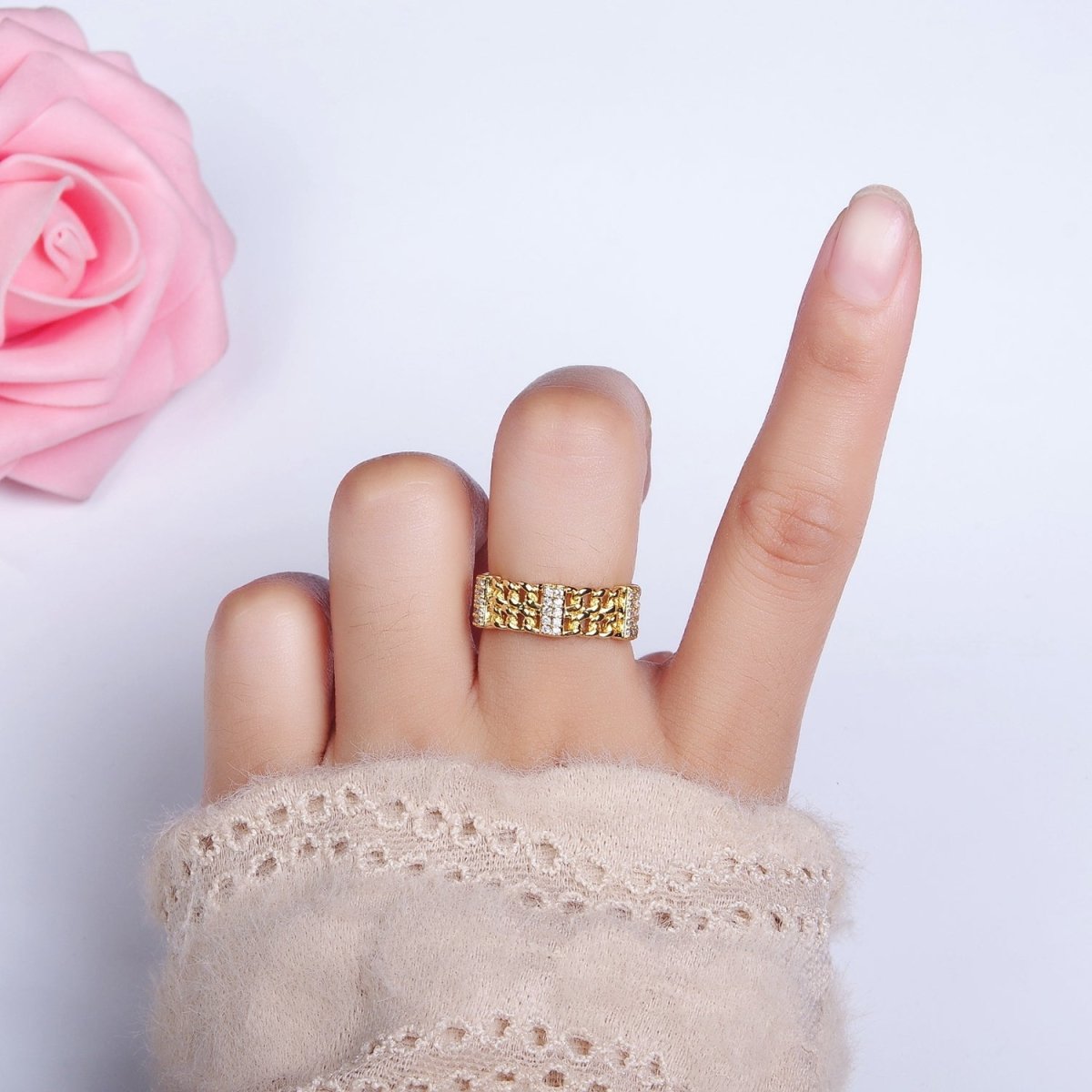 14K Gold Filled Double Curb Chain Link Micro Paved Bar Ring | O1051