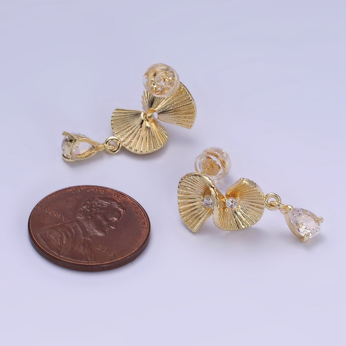 14K Gold Filled Double CZ Sunburst Twirled Teardrop Drop Stud Earrings | AB1275