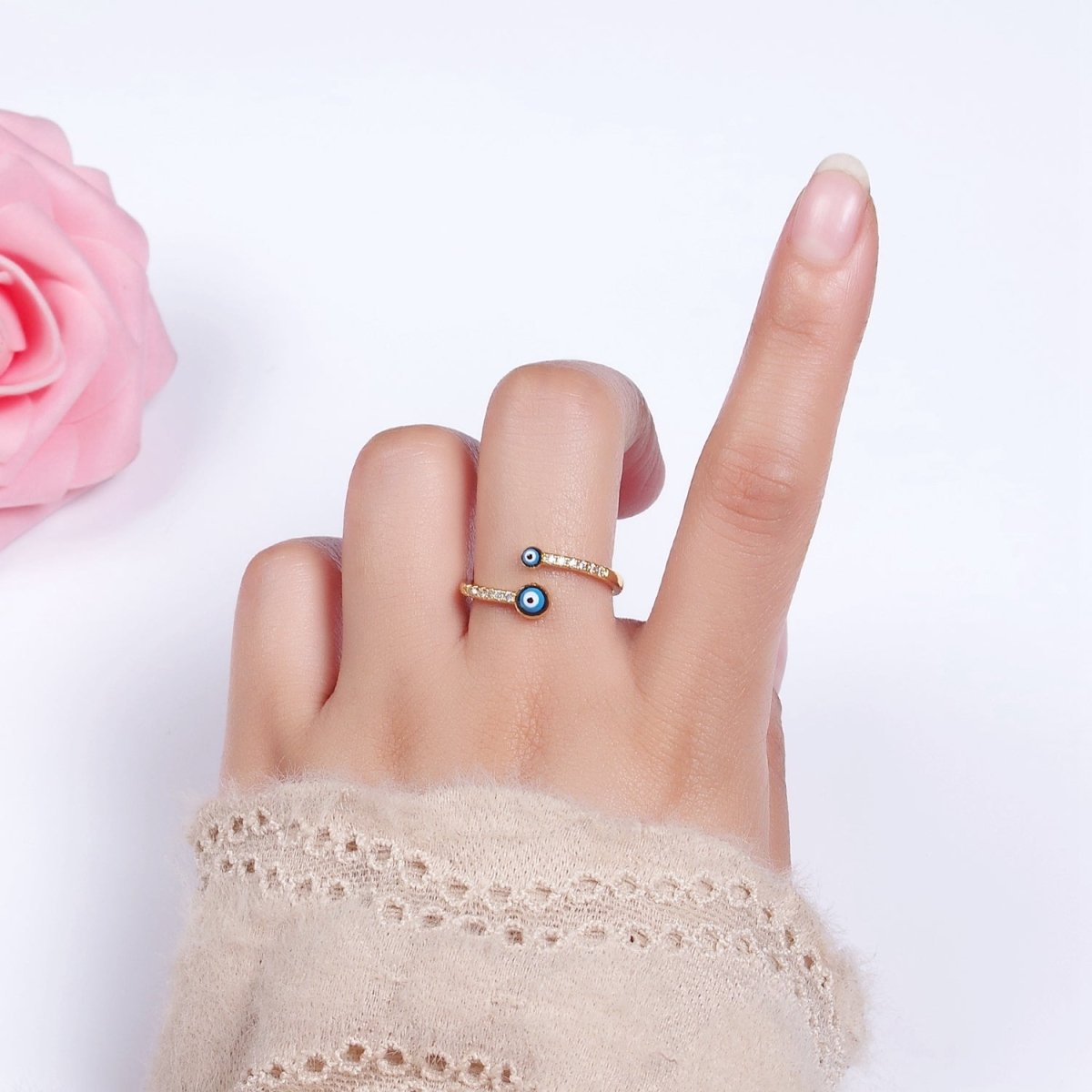 14K Gold Filled Double Evil Eye Enamel Clear Micro Paved CZ Open Ring | O-600