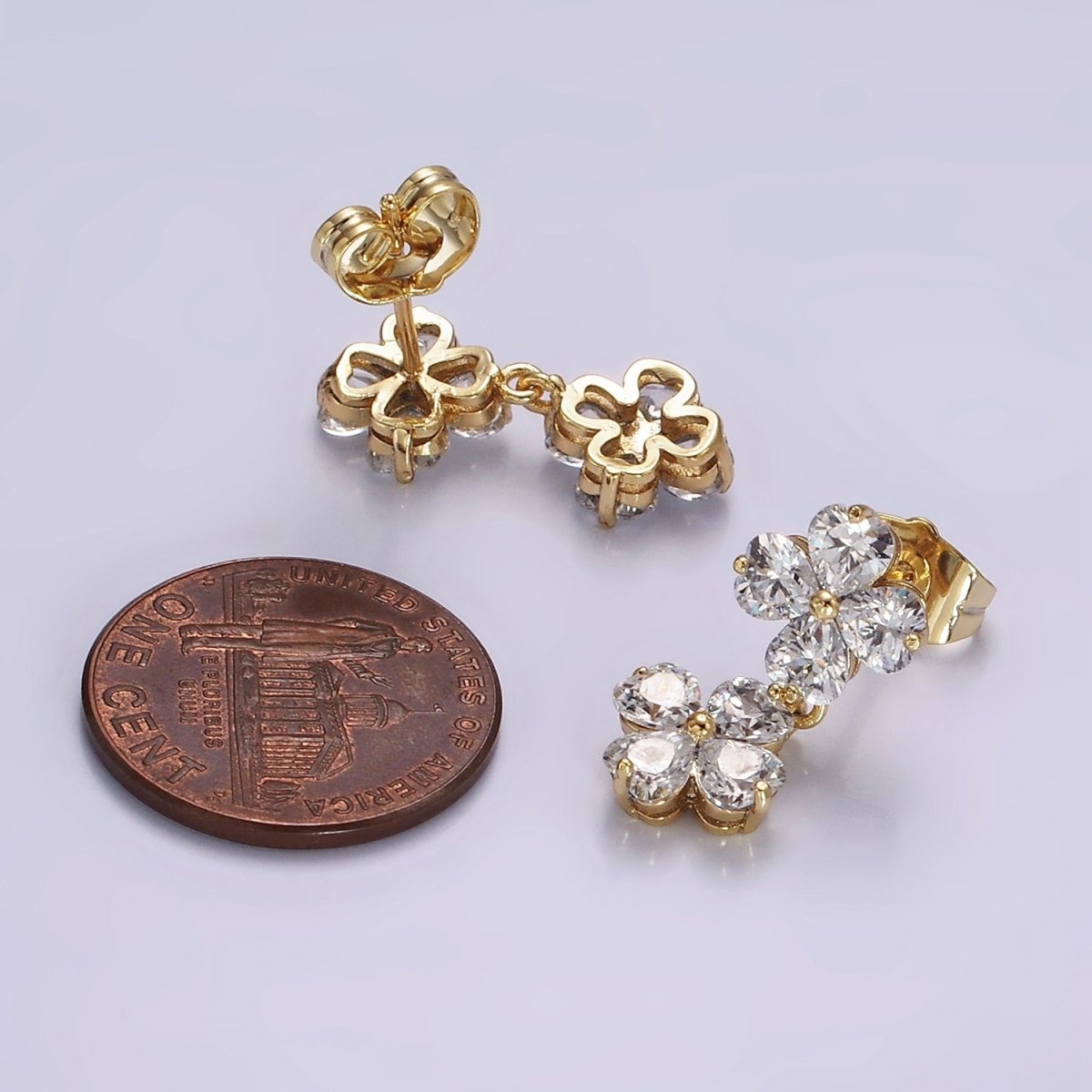 14K Gold Filled Double Flower Clear CZ Petal Drop Stud Earrings | AB1127