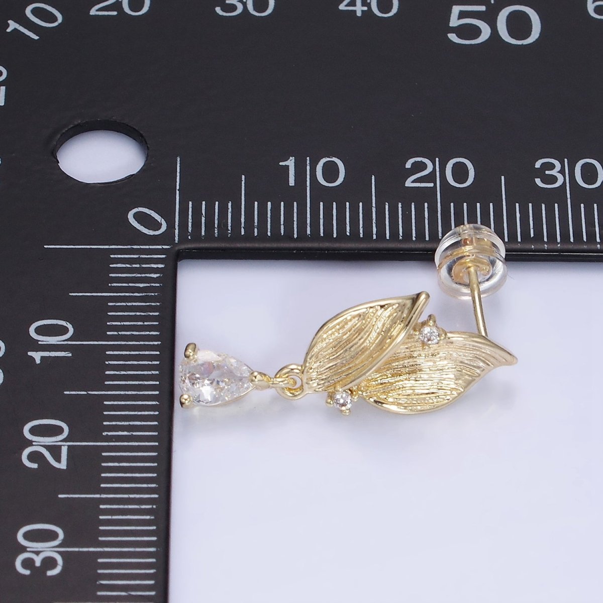 14K Gold Filled Double Leaf CZ Teardrop Drop Stud Earrings | AE513