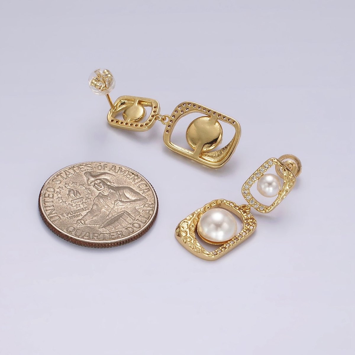 14K Gold Filled Double Pearl Open Hammered Micro Paved CZ Rectangular Drop Stud Earrings | AE237