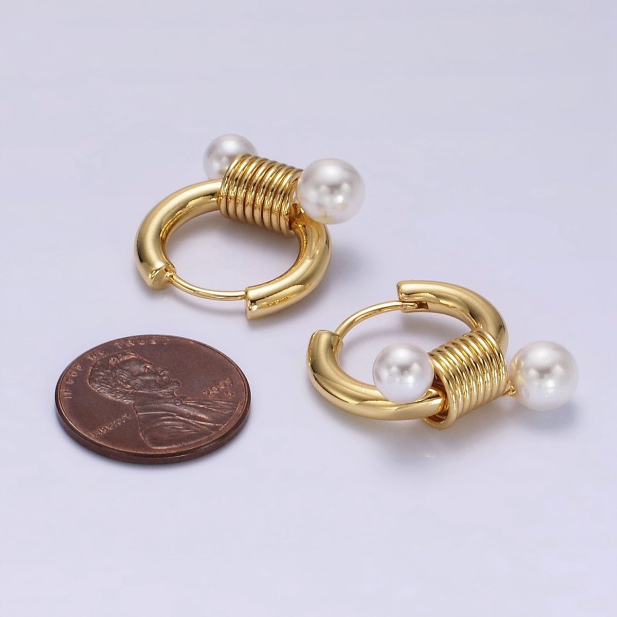 14K Gold Filled Double Pearl Spiral 20mm Huggie Earrings in Gold & Silver | AE197 AE198