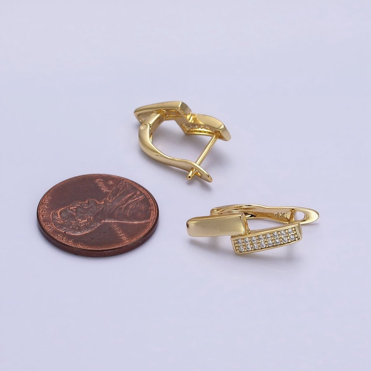 14K Gold Filled Double Rectangular Bar Micro Paved CZ English Lock Earrings | AB1525
