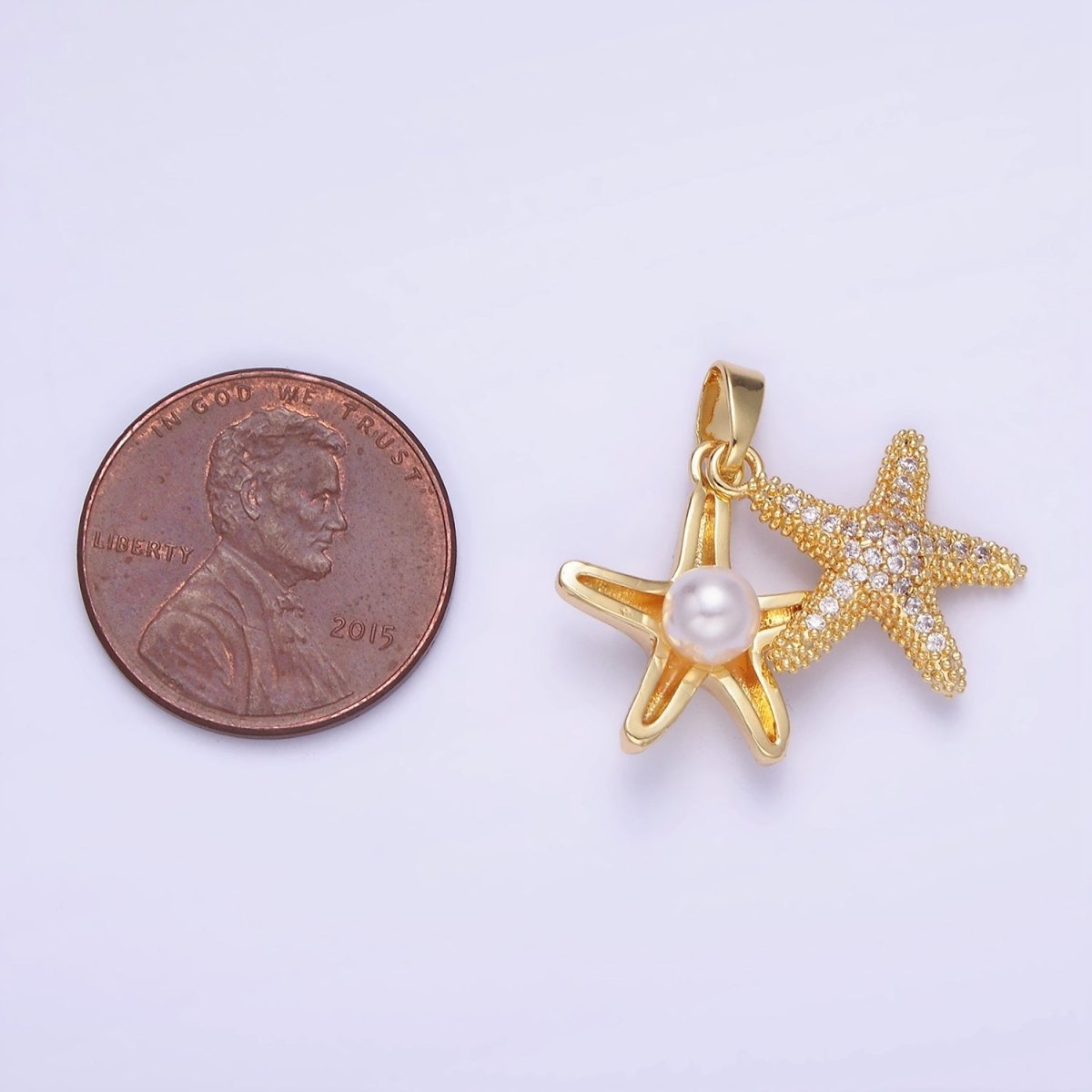 14K Gold Filled Double Starfish Sea Animal Pearl Micro Paved CZ Pendant | AA1170